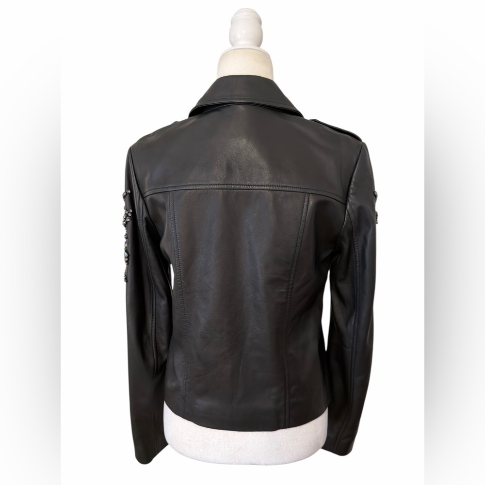 RARE Neiman Marcus Black Leather Jacket Crystal Silver Embellishments Moto - Picture 5 of 11